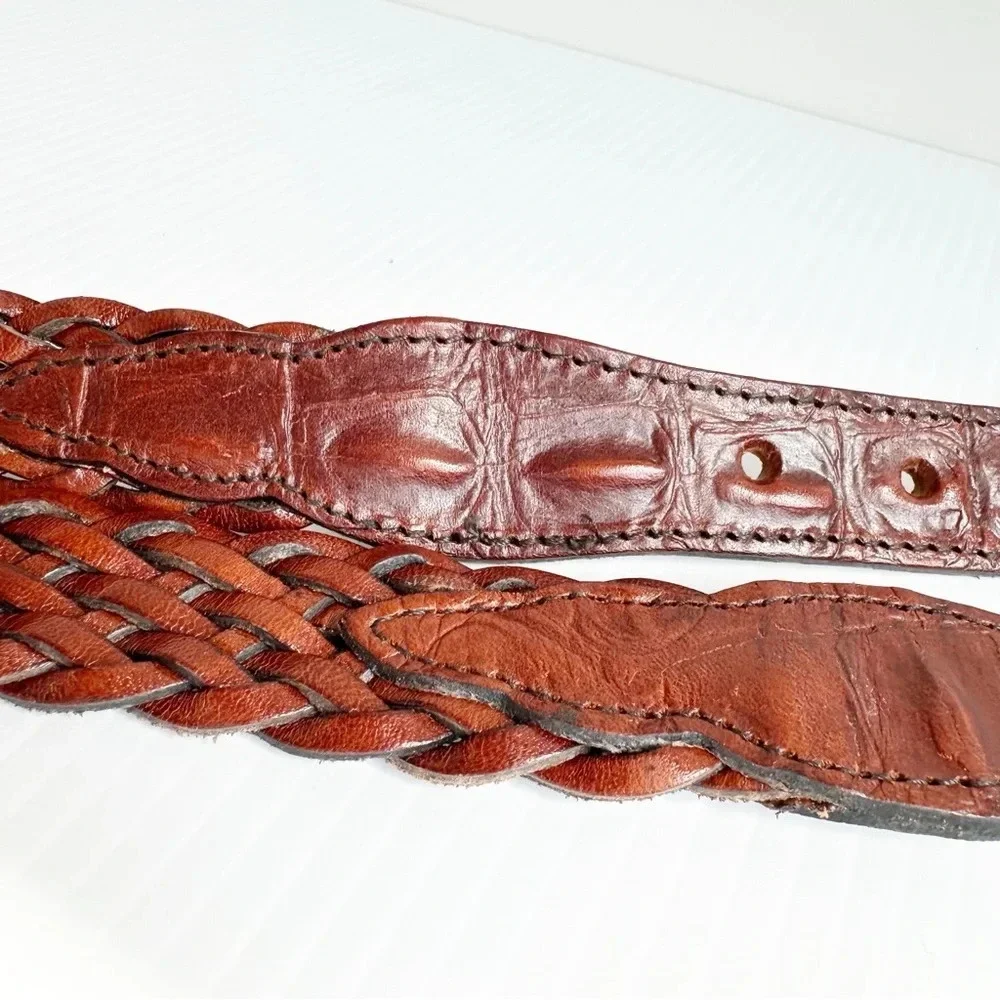 Vintage Crocodile Back, Woven Leather Belt Brown Silver Decorative Buckle